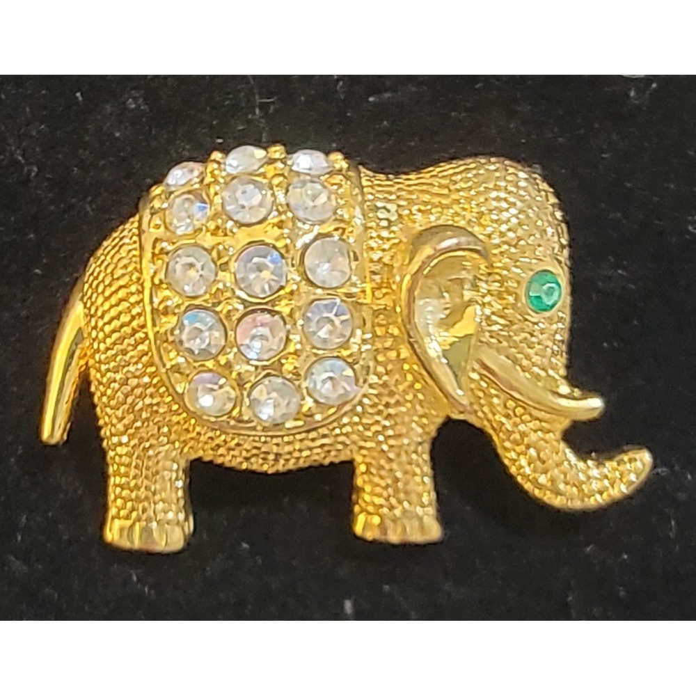 Vintage Gold Tone Rhinestone Elephant Brooch Trunk Up Good Luck Pin Green Eye